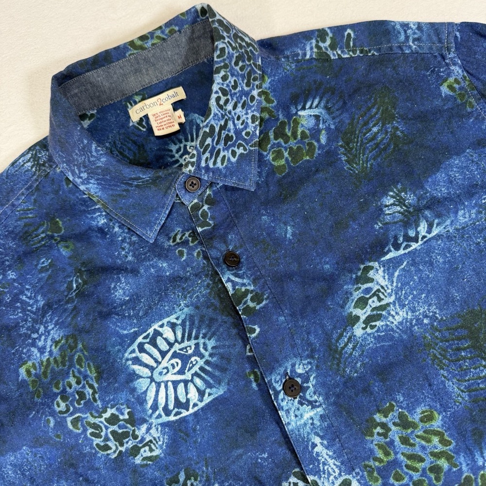 Carbon 2 Cobalt Mens Medium Blue Geometric Linen Short‎ Sleeve Button Up Shirt